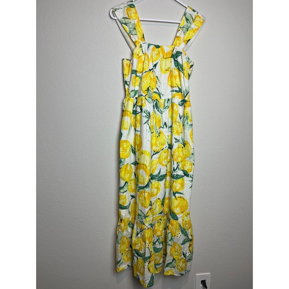 NAOO Dress Womens M Yellow Lemon Print Square Neck Maxi Sundress Cotton Smocked